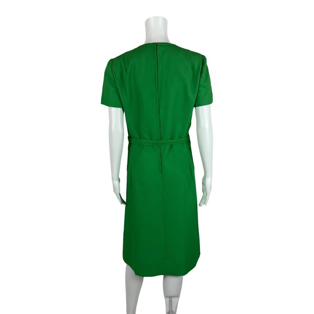 Vintage 70s Shift Dress Women's Large Solid Green V-Neck Belted Kangaroo Pockets - Picture 9 of 11